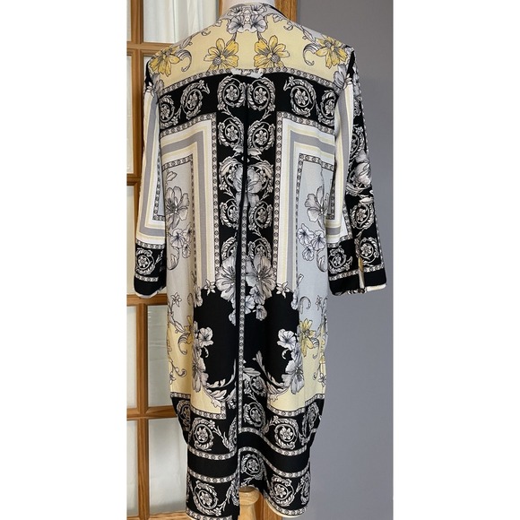 Fig And Flower Floral Tunic Blouse M Black Gray Crepe Boho Cottagecore Career - Picture 4 of 15